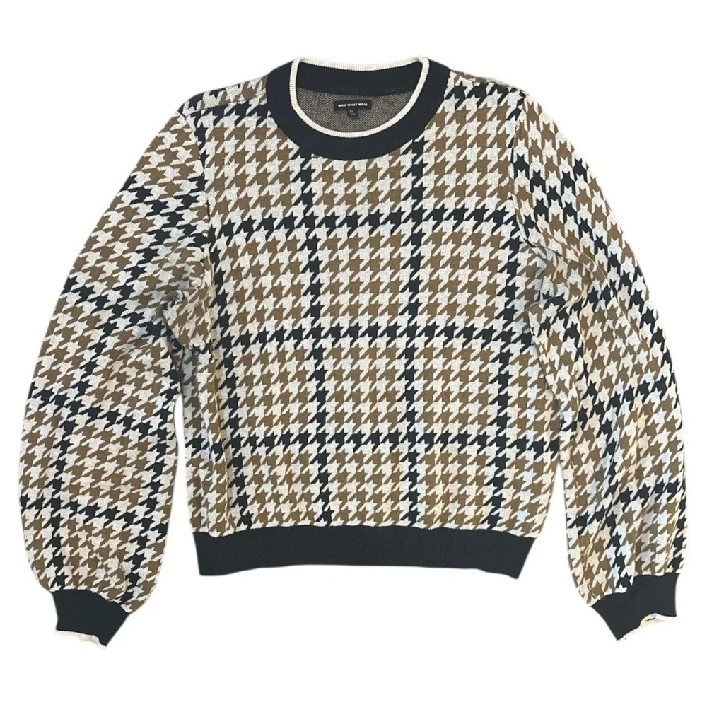 WHO WHAT WEAR Houndstooth Sweater Black Ochre Brown Modern Retro Crewneck XL - Picture 5 of 5